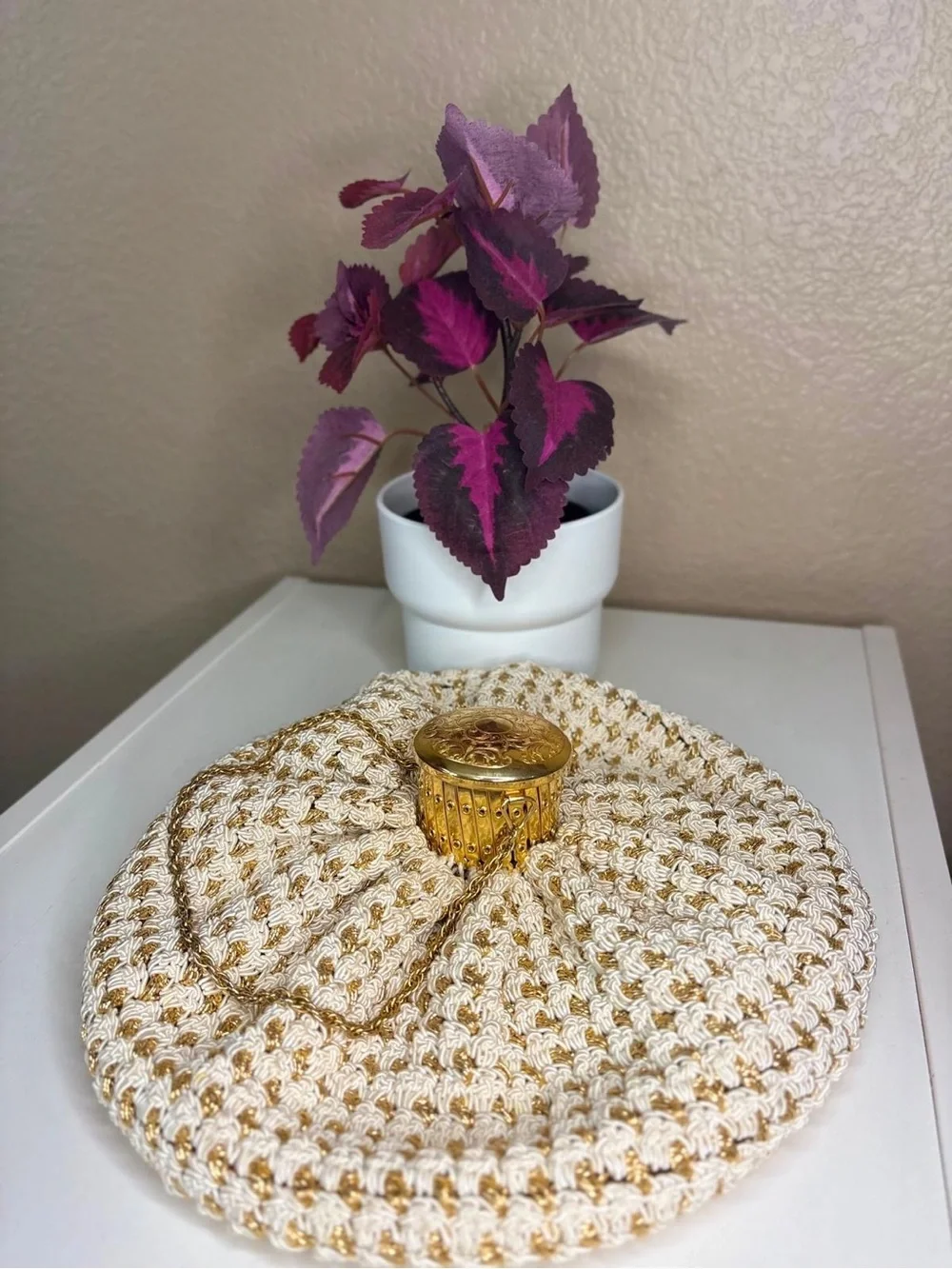 Vintage Made in Germany Gold White Cord Cage Top Handle Evening Bag
